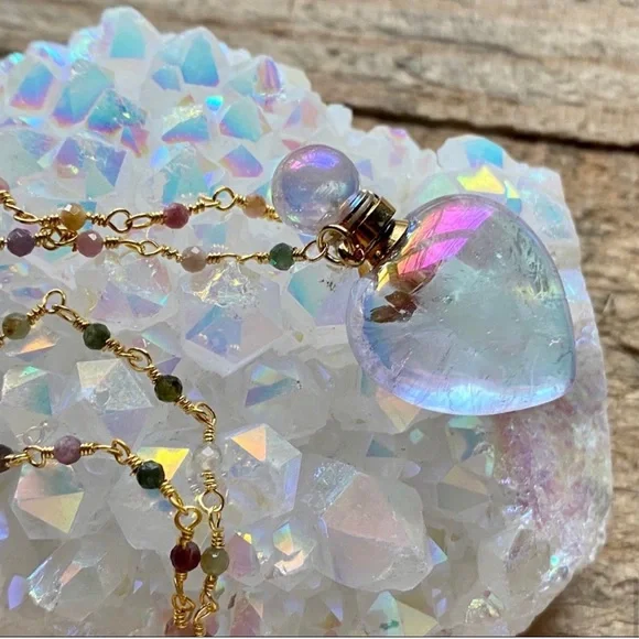 Aura Quartz Crystal bottle Necklace 18K Gold Plated Brass Rosary Chain New in bx - Picture 7 of 10